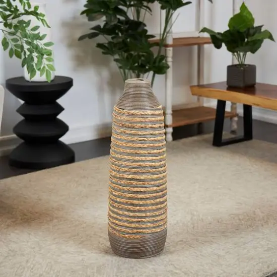 24" Brown Seagrass Handmade Braided Vase with Layered Gray Paneling {6}