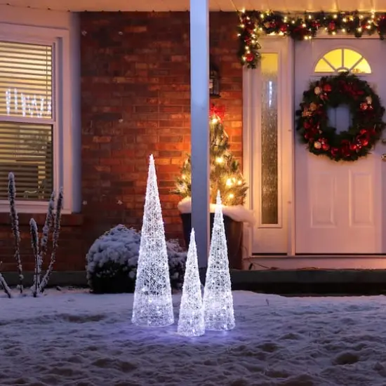 Glitzhome&reg; Lighted Christmas Crystal White Cone Tree Outdoor D&eacute;cor Set {4}