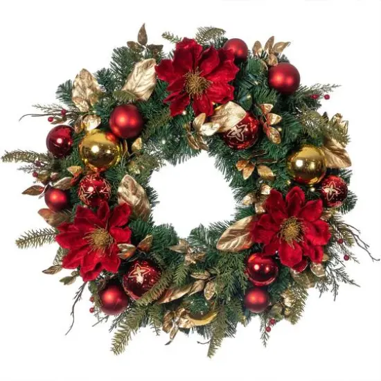 30" LED Golden Leaf Red Magnolia Christmas Wreath {1}