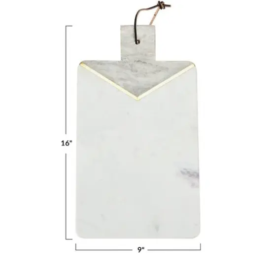 Hello Honey&reg; 16" Gray and White Boho 2-Tone Marble Charcuterie or Cutting Board with Brass Inlay and Leather Tie {11}