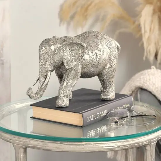 7" Silver Elephant Engraved Floral Sculpture {11}