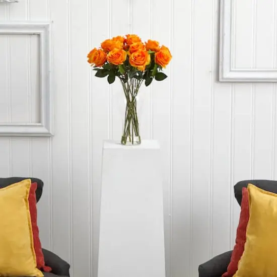 18" Blooming Orange Yellow Roses in Decorative Vase {3}