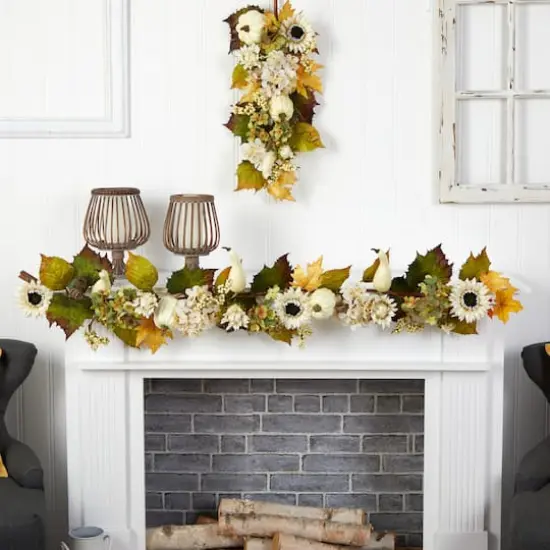5ft. Fall Sunflower, Hydrangea & White Pumpkin Autumn Garland {3}