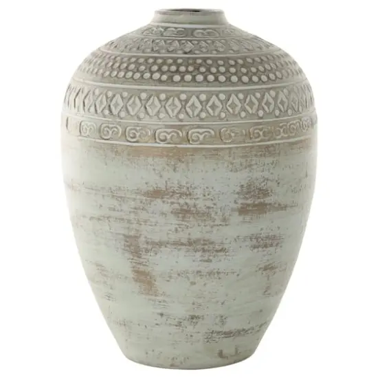 15.25" Green Ceramic Handmade Antique Style Decorative Vase with Geometric Tribal Carvings {4}