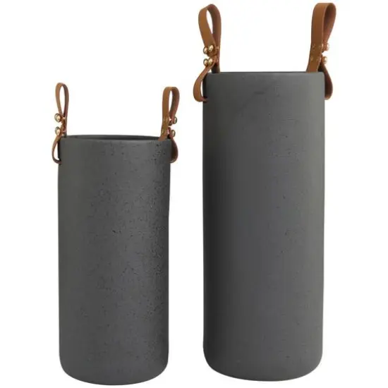 Black Ceramic Vase with Faux Leather Handles Set {6}