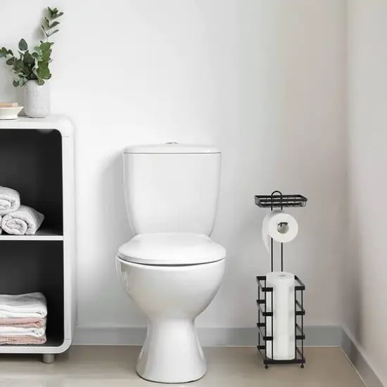 Black Freestanding Toilet Paper Holder with Basket {3}