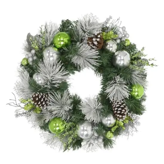 24" Green & Silver Ornament Decorated Wreath {1}