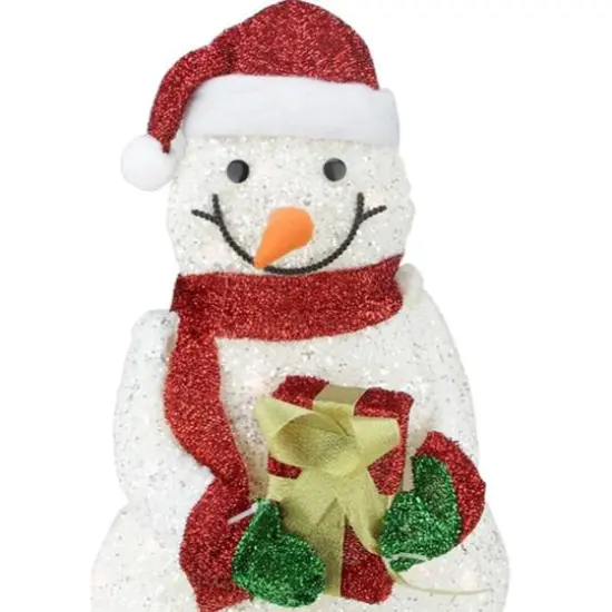 23" Lighted White Plush Glittered Snowman with Tinsel Gift Yard Art {6}