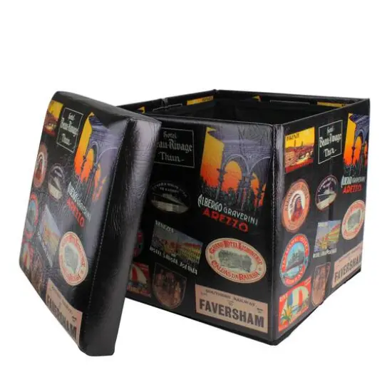 15" Brown with Travel Stickers Collapsible Ottoman {5}