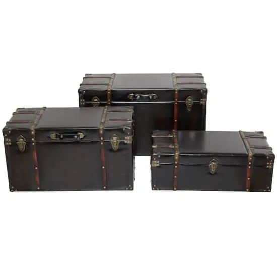 Dark Brown Faux Leather Studded Trunk with Latches & Handles Set {1}