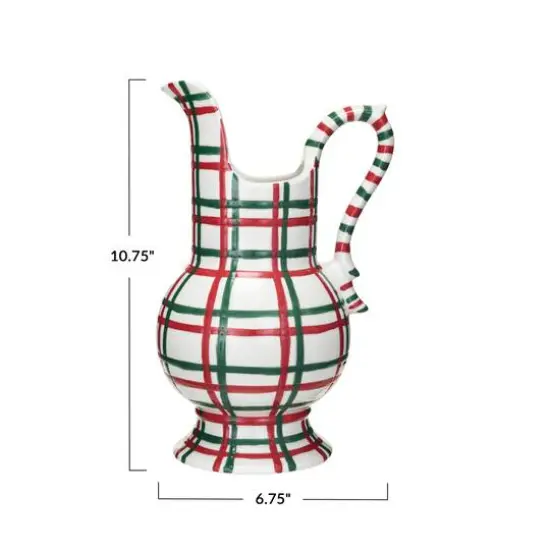 Hello Honey&reg; 2qt. Red, Green & White Plaid Hand-Painted Stoneware Pitcher {4}