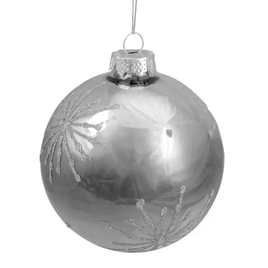4" Shiny Silver Mirrored Glitter Snowflakes Ball Ornament {6}