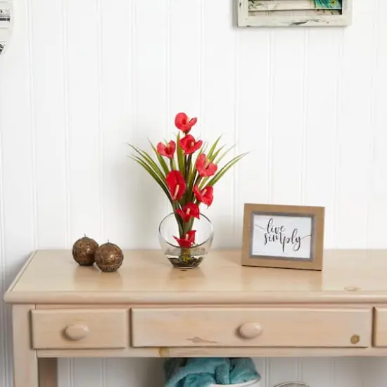 15.5" Red Calla Lily & Grass Arrangement in Vase {4}