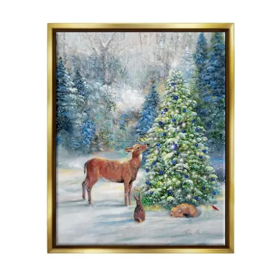 Stupell Industries Winter Woodland Animals Tree Framed Floater Canvas Wall Art Gold {1}