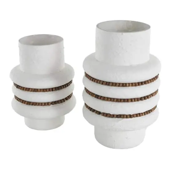 White Glass Textured Decorative Vase with Brown Wood Beaded Stripes Set {4}