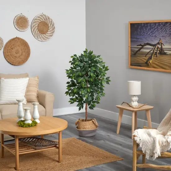 4ft. Ficus Artificial Tree in Boho Chic Handmade Cotton & Jute Gray Woven Planter {5}