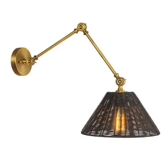 Hello Honey&reg; 28.9" Adjustable Antique Brass Finish Wall Sconce with Black Rattan Shade {6}