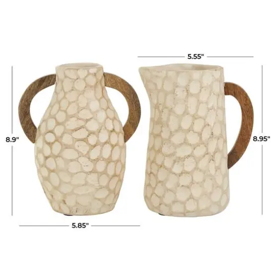 Beige Paper Mache Honeycomb Inspired Jug Vase with Wooden Handle Set {12}