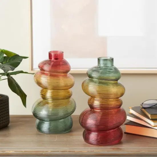 12" Multicolor Glass Ribbed Stacked Stones Vase Set with Color Blocks {3}