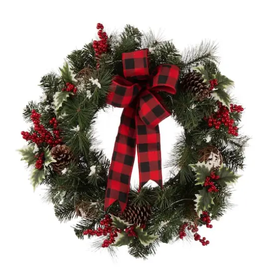Glitzhome 24" Pre-Lit Buffalo Check Bow, Berry, Holly & Pinecone LED Wreath {1}