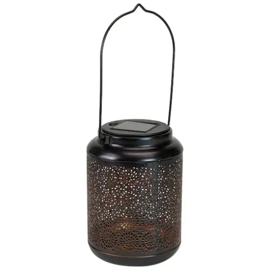 7" Black Outdoor Integrated Floral LED Solar Lantern with Handle {1}