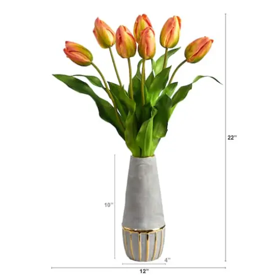 22" Yellow-Orange Dutch Tulip Arrangement in Gold Trim Stoneware Vase {3}