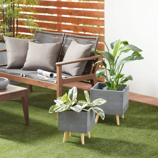 Set of 2 Grey Polystone Contemporary Planter, 13", 15" {6}