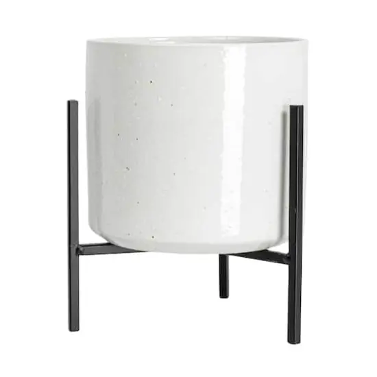 Hello Honey&reg; 8" White Stoneware Flower Pot with Black Metal Stand {9}