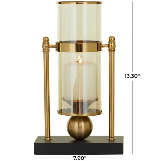 CosmoLiving by Cosmopolitan 13" Gold Metal Pillar Hurricane Lamp with Metal Stand {6}