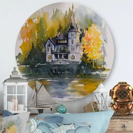 Designart - Castle By The Lake With Autumn Trees - Lake House Metal Circle Wall Art {2}