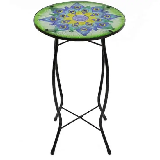 19" Green & Blue Peacock Flower Tail Glass Patio Side Table {1}