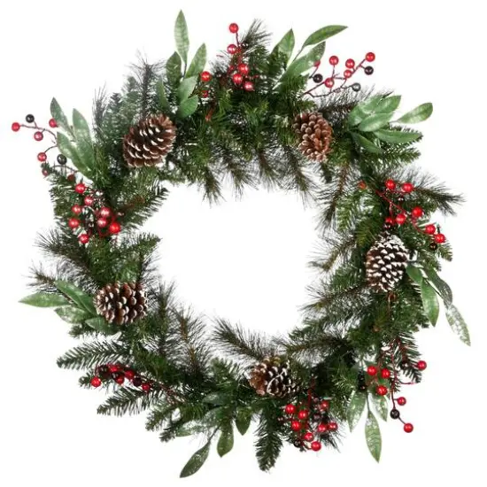 30" Frosted Pine Berry Collection Wreaths with Big White Edged Pine Cones, Red Berries, Silver Glittered Eucalyptus Leaves & Warm White LED Lights {4}