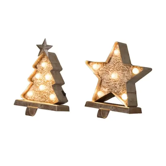 Glitzhome&reg; 8" Marquee LED Christmas Tree & Star Wooden & Metal Stocking Holder Set {1}