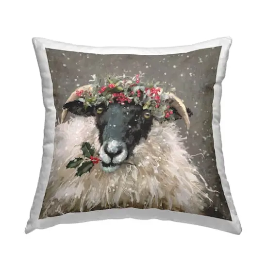 Stupell Industries Snowy Holiday Sheep Holly Throw Pillow {1}
