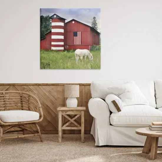 Stupell Industries Grazing White Horse Red Americana Barn Flag Canvas Wall Art {3}