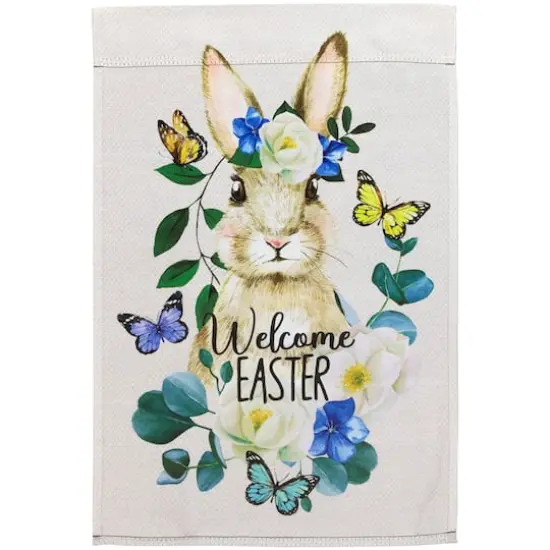 Beige Welcome Easter Floral Bunny & Butterflies Garden Flag {1}