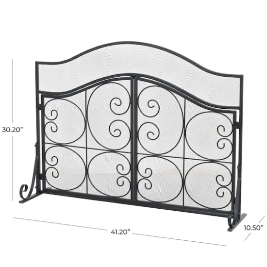 41" Black Metal Scroll Arched 1-Panel 2-Door Fireplace Screen with Mesh Backing {8}