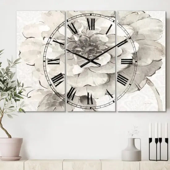 Designart Indigold Gray Peonies I Traditional 3 Panel Wall Clock {3}