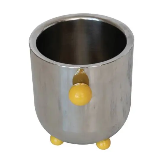 Hello Honey Stainless Steel Ice Bucket with Citron Color Enameled Ball Handles and Feet, Silver {6}