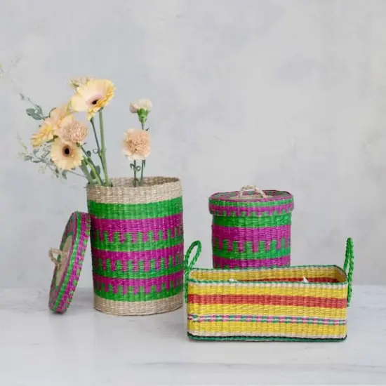 Hello Honey&reg; 13.5" Multicolor Striped Hand-Woven Seagrass Basket {4}