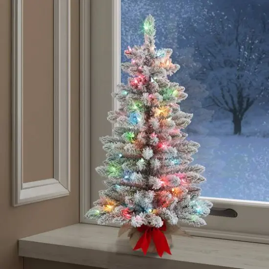 3ft. Pre-Lit Flocked Artificial Fraser Fir Christmas Tree, Multicolor Lights {3}