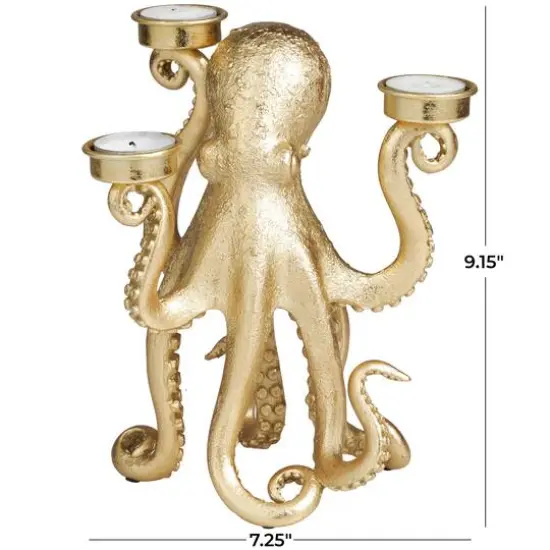 9" Gold Polystone Textured Octopus Candelabra with Tentacle Candle Slots {6}