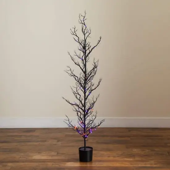 5ft. Pre-Lit Artificial Halloween Black Spooky Twig Tree with 200 Orange & Purple Copper Wire String LED Lights {9}