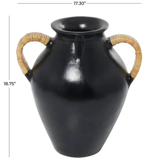 19" Black Ceramic Jug Vase with Rattan Wrapped Handles {6}