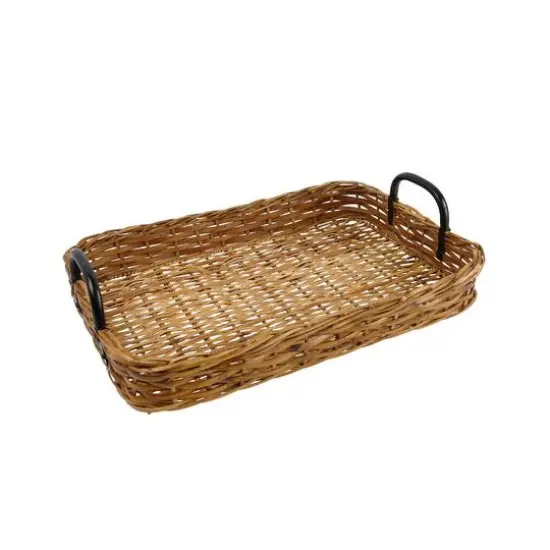 Hello Honey&reg; 25" Natural and Black Decorative Woven Rattan Tray with Metal Handles {8}