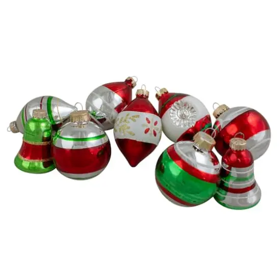 9ct. Silver, Green & Red Striped 2-Finish Glass Christmas Ornaments {1}