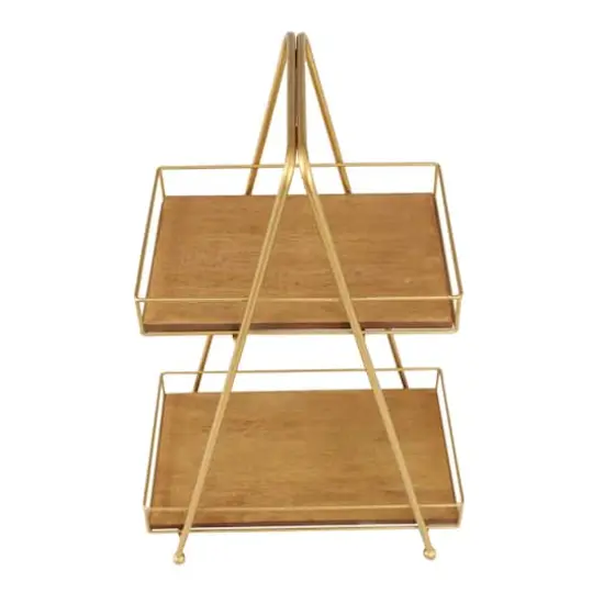 22" Brown Wood & Iron 2-Tier Tray Stand {3}