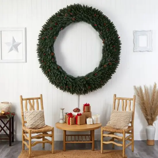 6ft. Clear LED Lights Flocked Artificial Christmas Wreath With Pinecones & Berries {8}