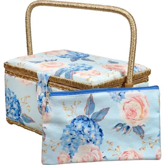 SINGER&reg; Large Blue Hydrangeas Print Sewing Basket with Matching Zipper Pouch {1}