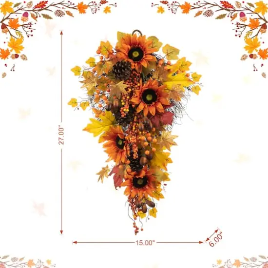 Glitzhome&reg; 27" Fall Sunflower, Maple Leaf & Berry Swag {9}